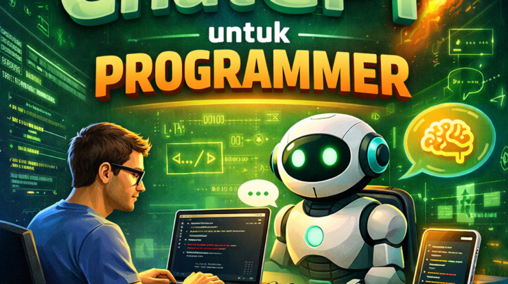 Programmer typing code on laptop with robot AI assistant and coding books nearby