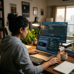 Woman coding on laptop and external monitor in home office