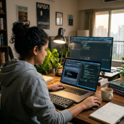 Woman coding on laptop and external monitor in home office