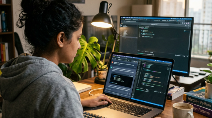 Woman coding on laptop and external monitor in home office