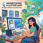 Developer using phone and computer to monitor Flutter app revenue and growth