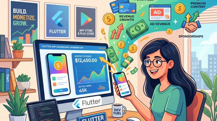 Developer using phone and computer to monitor Flutter app revenue and growth